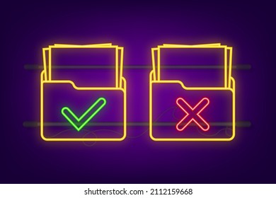 Yes No check mark neon sign on clipboard Lined paper notebook. Document icon. Vector stock illustration.