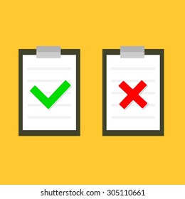 Yes No check mark sign on clipboard Lined paper notebook Flat design Vector illustration