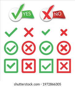Yes and No check marks. Cross check mark icons, flat round buttons set.