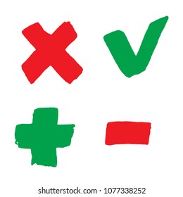 Yes or No check marks flat icons set. Vector green tick and plus and red cross and minus signs isolated on white background. Hand draw marker right or wrong symbols.