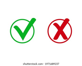 Yes and No - check marks, isolated on white background. Positive and negative sign, voting checklist elements. Vector illustration, flat design cartoon style.