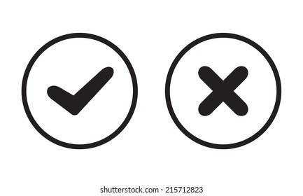 Yes and No check marks on circles. Black symbols on white background. Vector illustration. Infographic design element. 