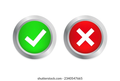 Yes and No Check Marks on Circle. Glossy button. Tick and cross. Approved and Rejected. Positive feedback concept. 3D flat button. Vector illustration