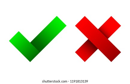 Yes and No check marks. Vector illustration. Red and green check marks on white background.