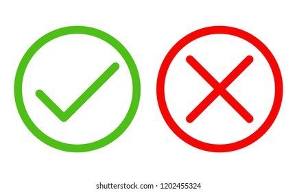 Yes and No check marks. Vector illustration. Red and green check marks on white background.
