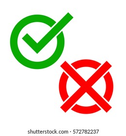 Yes and No check marks. Vector illustration. Red and green check marks on white background.