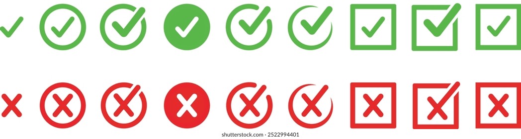 Ícones de marca de seleção Sim ou Não na caixa de marcação verde e na cruz vermelha. botão de ícone de marca de seleção definido. ícone de caixa de seleção com botões certos e errados.