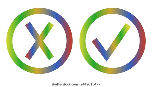 Yes or no. Checks and crosses in a multi-colored gradient. Vector graphics. ESP 10.