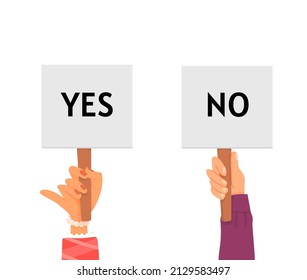 Yes or no. Choice, hands holding banners with opinions. Answer, right or wrong icons. Positive or negative, correct or incorrect symbols, decent vector elements