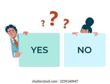 Yes or no choice, question sign concept, vector illustration, flat man woman character hold card with answer, choose positive or negative decision.