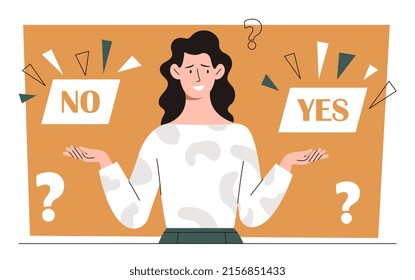 Yes or No choice. Young girl evaluates two options. Decision making and analysis. Pensive character, selection, answer, reply, accept of refuse, businesswoman. Cartoon flat vector illustration