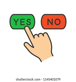 Yes or no click color icon. Accept and decline buttons. Hand pressing button. Isolated vector illustration