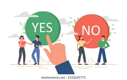 Yes or no concept. Hand chooses between two buttons, metaphor for making decision. Evaluation of options, thinking activity, management of company or organization. Cartoon flat vector illustration