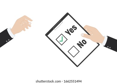 Sí no , concepto de motivación, votación, prueba, respuesta positiva, sondeo, selección, elección moderna ilustración vectorial diseño en tableta blanca