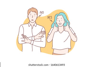 Yes or no concept. Young couple shows opposite emotions. Frightened man or boy is showing stop sign and saying no. Happy woman or girl demonstrates approval, says yes and puts like. Simple flat vector