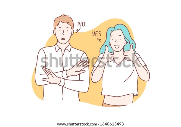 Yes or no concept. Young couple shows opposite\
emotions. Frightened man or boy is showing stop sign and saying no.\
Happy woman or girl demonstrates approval, says yes and puts like.\
Simple flat vector