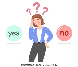 YES or NO, confused young girl choosing and making right decision, concept of choice, selection, answer, reply, accept or refuse, thinking right or wrong, business. Flat character vector illustration.