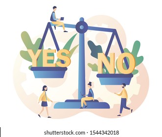 Yes or no consept. Decision making. Tiny people weigh the decisions at high weights. Modern flat cartoon style. Vector illustration