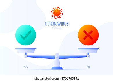 sí o no ilustración vectorial Coronavirus. El concepto creativo de escalas y contra, en un lado de la escala se encuentra un botón yes y en el otro no icono. Ilustración vectorial plana.