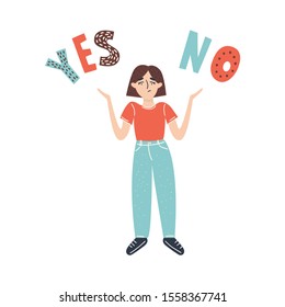 Yes or no. Decision making. Cartoon vector illustration of woman character has Yes and No decision on left and right side. White background. Vector illustration.