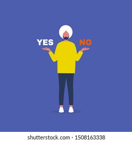 Yes or no. Decision making. Young indian male character answering a question. Flat editable vector illustration, clip art