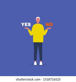 Yes or no. Decision making. Young male character answering a question. Flat editable vector illustration, clip art