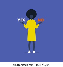 Yes or no. Decision making. Young black female character answering a question. Flat editable vector illustration, clip art