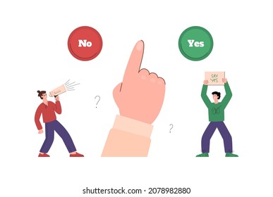 Yes or no decision option selection. Persuasion and conviction for positive or negative answers choosing, flat vector illustration isolated on white background.