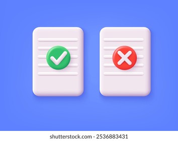 Yes or No. Document concept. Agreement, Check information paper, registration or login aproove. 3D Web Vector Illustrations. 