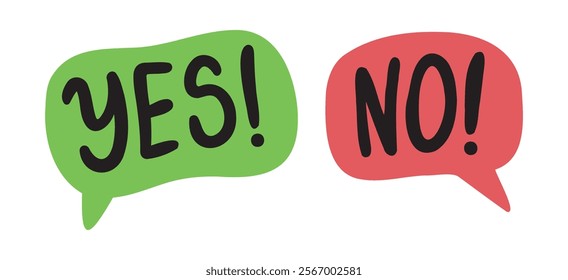 Yes no doodle words icon logo. Word yes and no text on talk speech bubble shape. Vector illustration