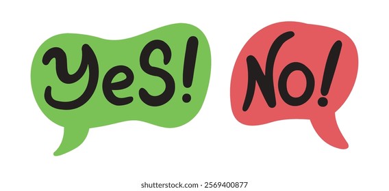 Yes no doodle words icon logo. Word yes and no text on talk speech bubble shape. Vector illustration