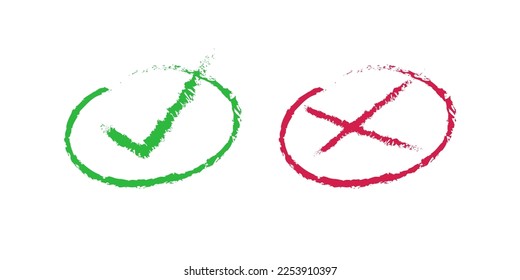 Yes no or dos and don'ts drawn written check mark cross hand drawn artistic red green charcoal,, false true tips instructions element, vote test exam chalk choice, confirm decline icon, error right