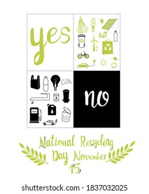 Yes And No Ecology Banner.National Recycling Day Concept.Safe Our Planet,nature And Enviroment Protection Greeting Card Or Design Poster,no Plastic Bags,zero Waste.Vector Icon Set.