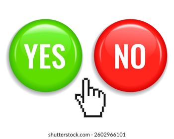 Yes and No glossy web buttons set isolated on white background. Flat vector 3d illustration of two round pushbuttons, simple graphics for web page, quiz, survey or game.