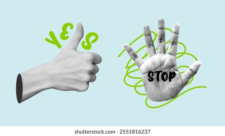 Yes and no hand gesture cropped. Thumbs up and stop hand sign isolated. Realistic body part vector pop art illustration.