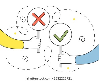 Yes or no. Hands hold signs with green check mark and red cross. Decision making process. Solution and answer to question. Business voiting. Linear vector illustration isolated on white background