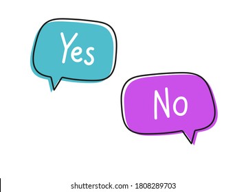 Yes no. Handwritten lettering illustration. Black vector text in blue and pink neon speech bubbles. 