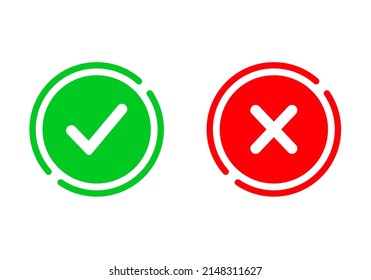 Yes or no icon. Green tick symbol and red cross sign in circle. Checkmark and check icon. Approval. Like and dislike icon. X or approve or deny line art vector icon for apps and websites and ui ux.