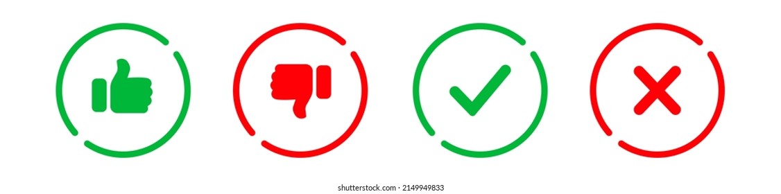 Yes or no icon. Green tick symbol and red cross sign in circle. Checkmark and check icon. Approval. Like and dislike icon. X or approve or deny line art vector icon for apps and websites and ui ux.