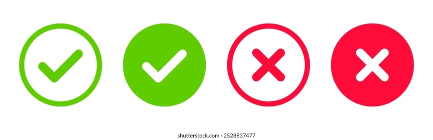 Icono de sí o no. Símbolo de la garrapata verde y círculo Iniciar sesión de la cruz roja. Marca de verificación e icono de verificación. Aprobación. Icono de me gusta y no me gusta. X o aprobar o denegar el ícono de Vector de arte de línea para App y Sitios web y ui ux