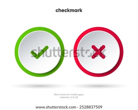 Yes or no icon. Green tick symbol and red cross sign in circle. Checkmark and check icon. Approval. Like and dislike icon. X or approve or deny line art vector icon for apps and websites and ui ux