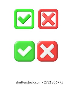 Ícone Sim e Não definido com marcas de seleção verdes e símbolos de cruz vermelha, adequado para design de interface de usuário, gráficos da Web, conceitos de decisão e visuais de aprovação ou rejeição.