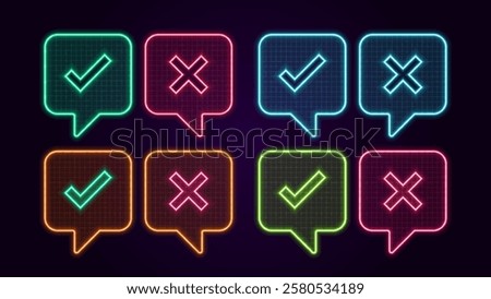 Yes or no icons set, bright neon visuals.