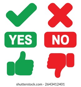 Yes and No Icons Set Vector – Check, Cross, Thumbs Up Down, Approval Symbols