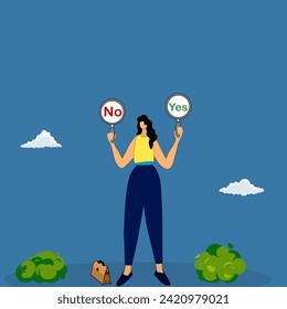 The yes or no inscription may have something to do with her decision making process, woman stands and holds sign.
