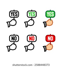 Yes and no line style judge reaction plates in a hand icons. Reaction symbols agree or disagree set. Editable stroke.