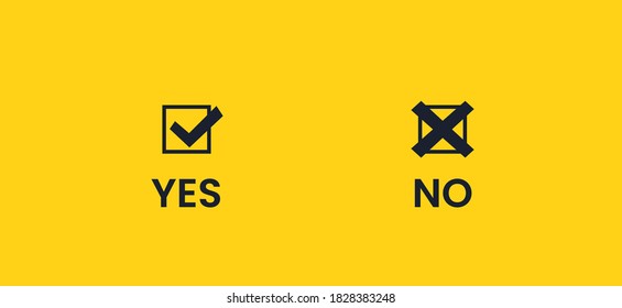 Yes or no. List with a check mark in black on a yellow background. Antonyms vector banner