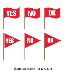YES and NO markers or pointer to the map or location. Red flags set isolated on white background, illustration
