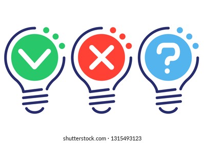 Yes, No, Maybe. Colorful light bulbs icons. Check boxes of questions and answers. Vector illustration.
