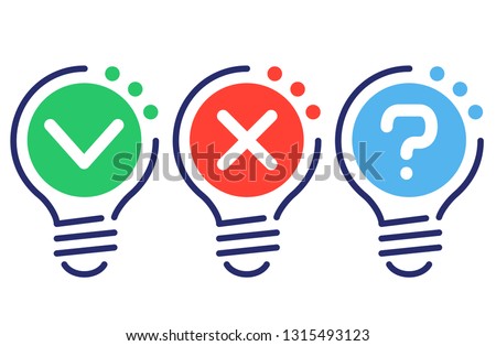 Yes, No, Maybe. Colorful light bulbs icons. Check boxes of questions and answers. Vector illustration.